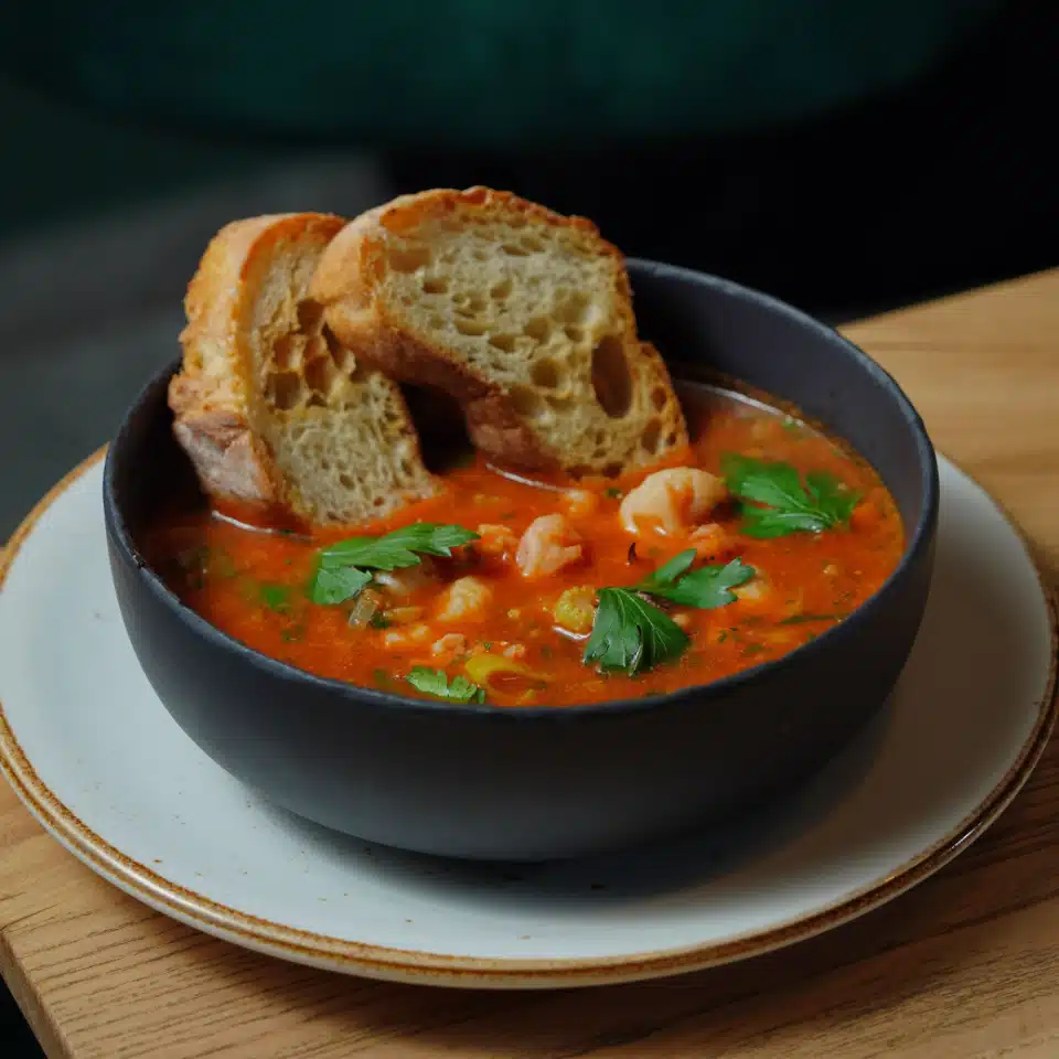 A bowl of soup with bread
